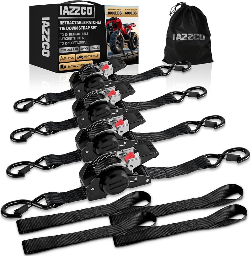 IAZZCO Retractable Ratchet Tie Down Straps - 1 Inch x 10 Feet (1800 LB Break Strength) Heavy Duty Self Retracting Ratchet Straps, for Trucks/ATV/Motorcycle/Cargo/Household（Black/4 Pack） - Image 1